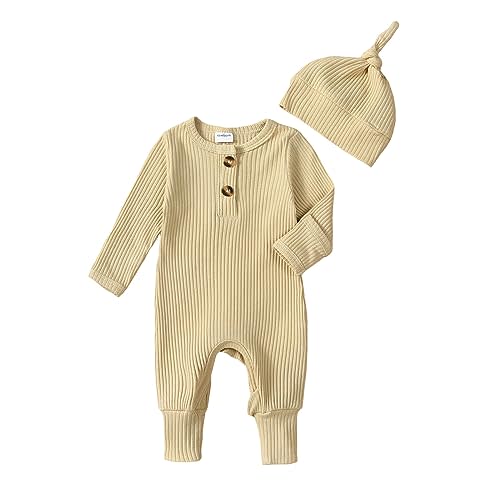 aporake Neutral Baby Clothes Newborn Girl Boy Coming Home From Hospital Outfit Cute Ribbed Knit One-piece Romper Jumpsuit Hat