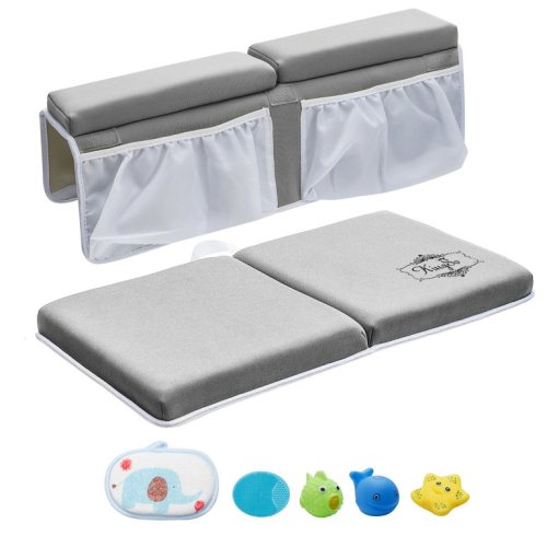 KingSo Comfortable Bath Kneeler with Elbow Rest Pad Set, 1.5 inch Thick Kneeling Pad and Elbow Support for Knee & Arm with Toy Organizer for Happy Baby Bathing Time, Gray