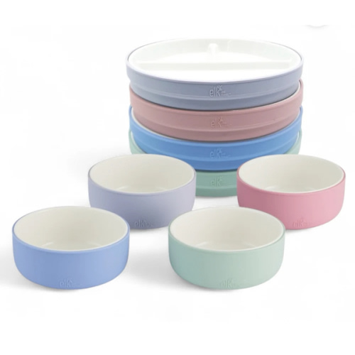 Kids Porcelain Mealtime Bundle | Normal Sleeves | 6.7" Plates + Bowls | 8 Pcs | Blush/Lilac/Sage/Misty Blue