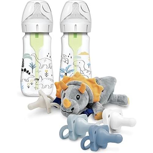 Dr. Brown’s Wide-Neck Baby Bottle Dinosaur Designer Bottles, 9 oz/270 mL, 2-Pack with HappyPaci Pacifiers and Lovey Holder, Triceratops