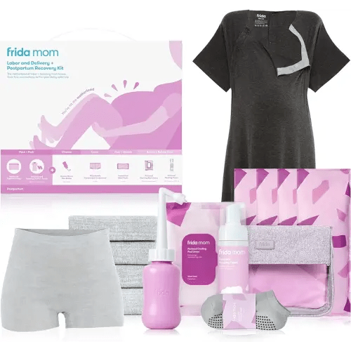 Frida Mom Labor, Delivery, & Postpartum Kit, Baby Shower Gifts, Socks, Peri Bottle, Nursing Gown, Disposable Underwear, Ice Maxi Pads, Pad Liners, Perineal Foam, Toiletry Bag (15pc Gift Set)
