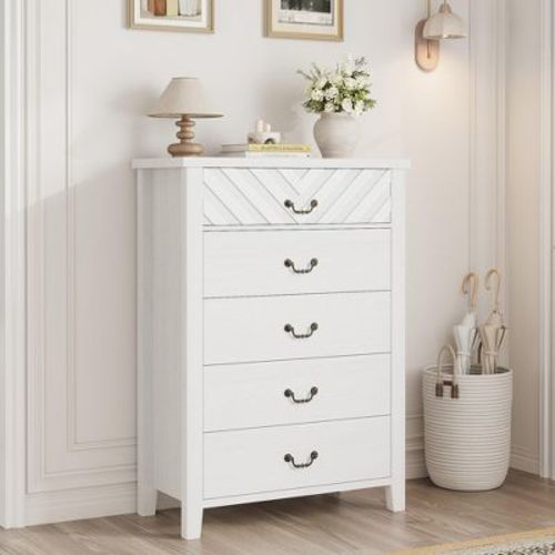 5 Drawer Dresser for Bedroom, 45in Tall White 5 Chest of Drawer with V Shape Design, Modern Wooden Closet Nightstand for Living Room Entryway Nursery