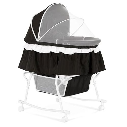 Dream On Me Lacy Portable 2-in-1 Bassinet & Cradle with Full Canopy, Storage Basket, Locking Wheels, Lightweight Frame, JPMA & BSA Certified, Includes 1” Mattress Pad - Black