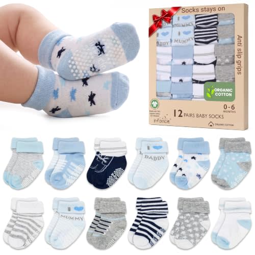 GOTS Organic Cotton Blend 12 infant socks with Grip 0-6 M Boy Non Slip Gift | Oeko-Tex Certified, Baby Socks, 12 Pairs, Organic Cotton Socks For Boys, Newborn Baby Socks, Blue, For Baby Boys, 0-6 Month