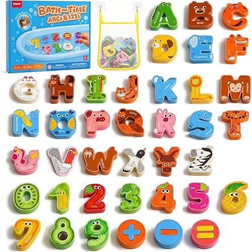 Joycat Bath Letters and Numbers for Toddlers, 39 PCS Foam Bath Toys with 26 Animal Alphabet Letters, 10 Fruit & Vegetable Numbers, 3 Math Symbols and Storage Bag, Bathtub Learning Toys for Kids