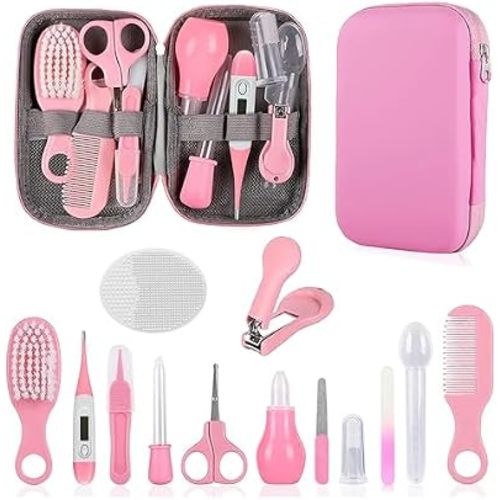 Baby Grooming Kit, Infant Safety Care Set with Hair Brush Comb Nail Clipper Nasal Aspirator,Baby Essentials Kit for Newborn Girls Boys (Pink)