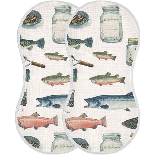 Vintage Fish Fishing Gear Burp Cloths Baby Boys Girls Absorbent Soft Cotton Burping Cloths Rags 2 Pack