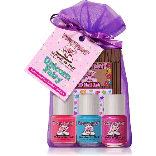 Piggy Paint | 100% Non-Toxic Girls Nail Polish | Safe, Cruelty-free, Vegan, & Low Odor for Kids | Unicorn Fairy (3 Polish + Nail Art Gift Set)