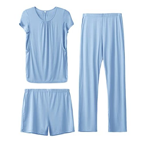 SUNNYBUY Womens Maternity Nursing Pajamas Set, Short Sleeve Breastfeeding Shirts,Pregnancy Shorts & Pants 3 Piece Nursing PJS