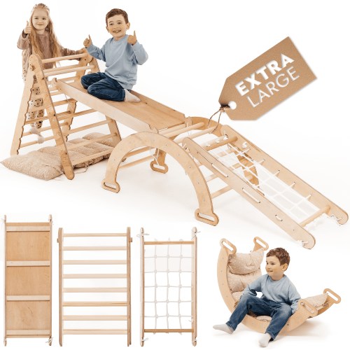 Extra Large 5-in-1 Wooden Montessori Indoor Climbing Frame for Toddlers—Triangle, Arch, Ramp, Net & Cushion, Foldable, Ages 1-5