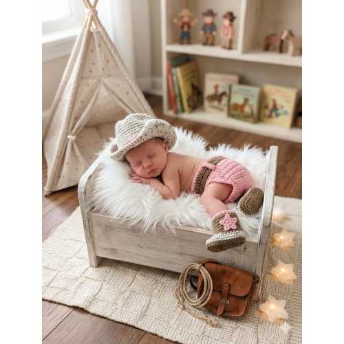 Handmade Crochet Cowgirl Baby Outfit – Hat, Boots & Diaper Cover Set – Western Photo Prop