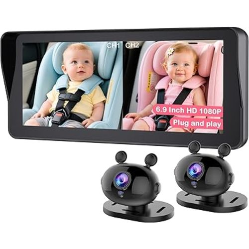Baby Car Camera for 2-Kids: 6.9 Inch HD 1080P Split Display with 2 Night Vision Camera - 360° Rotation, Easy Install Carseat for New Parents