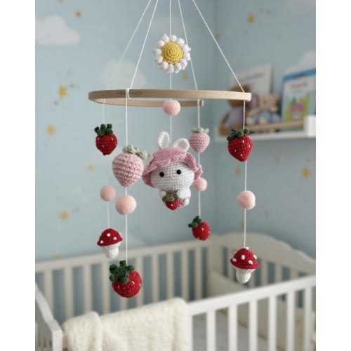 Strawberry Bunny Crochet Baby Mobile