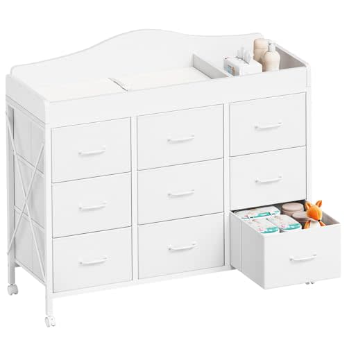 YeTom Baby Changing Table with 9 Fabric Drawers, Waterproof Diaper Changing Station & Pad, Mobile Nursery Diaper Changing Table, Baby Furniture, Bedroom, White