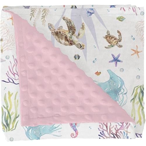 Retro Sea Animals Baby Blankets for Girl Boy Boho Sea Horse Turtle Jellyfish Starfish Coral Soft Mink Dotted Backing Double Layer Swaddle Blanket for Toddler Nursery Ocean Marine Bed Blanket 30x40