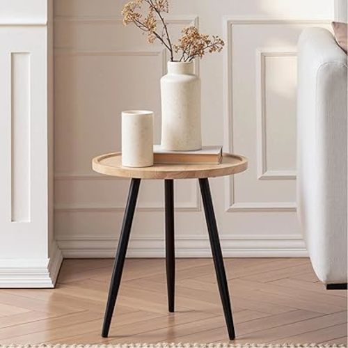 VECELO Modern Side Table, Round Small End Table, Exclusively Designed Hand-Crafted Small Nightstand, Solid Wood,Light Wood top with Black Metal Legsfor Bedrooms, Living Rooms and Home Office