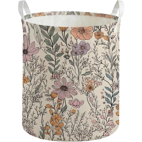 Vintage Floral Laundry Basket, 70s Retro Boho Wildflower Botanical Laundry Hamper Waterproof Clothes Toys Storage Bin Organizer for Girls Bathroom Bedroom