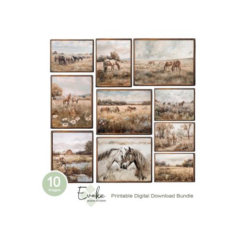 Printable Horse Wall Art Bundle | Vintage Western Collection | Rustic Farmhouse Set | Country Cottagecore Decor Oil Painting | Digital Files