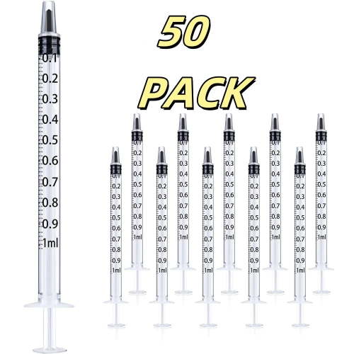 50 Pack 1ml Plastic Syringe, Slip Tip, Individually Sealed, with Measurement, for Oral, Medicine Student, Refilling, Feed Pets, Oil or Glue Applicator