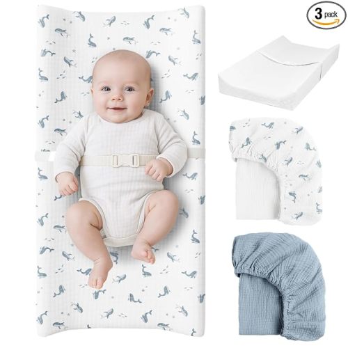 Konssy Muslin Changing Pad with Waterproof Lining Foam, Includes 2 Pack Soft & Cotton Cover, Baby Diaper Changing Pad for Dresser or Table, 32x16 inches (Little Whales, Blue)