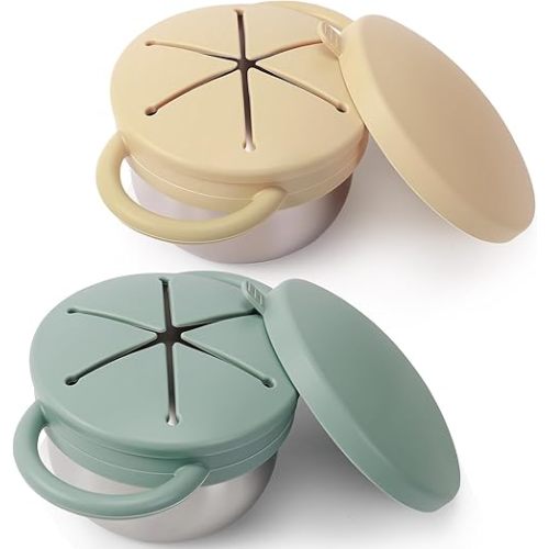 2 Pack Stainless Steel Spill Proof Snack Cup for Baby Toddlers Kids, with Silicone Food Catcher, Travel Lid, Spill-Proof Bowl Containers, Non Toxic BPA Free (Ash Green and Off-white)
