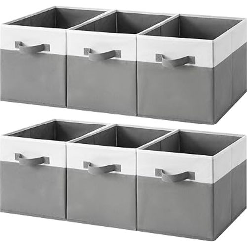 Cupic Cupid 11 Inch Storage Cube, Fabric Cube Storage Bin with Handles, Storage Cube Organizer for Clothes and Toys, Collapsible Cube Bins for Closet, Shelves, Nursery, 6-Pack, Gray and White
