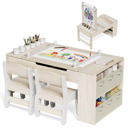 LAZY BUDDY Kids Art Table and 2 Chairs Set, Wooden Toddler Activity Table with Storage Bins, Paint Cups & Paper Roll, Children Craft Play Desk