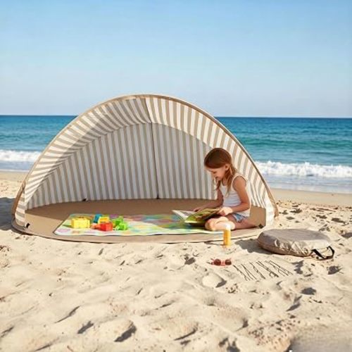 Tente de plage pour bébé, abri solaire avec protection solaire UPF 50+, portable, légère, facile à installer, pare-soleil de plage pour parcs familiaux (rayures café)