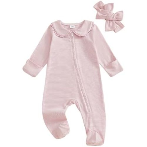 Newborn Baby Girl Clothes Doll Collar Striped Long Sleeve Zipper Footies Infant Jumpsuit Coming Home Outfit Headband