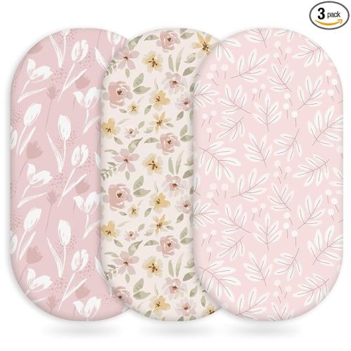 Unnivoll Baby Bassinet Sheets Girl Boy, Fitted Bassinet Sheet Set 3 Pack Bassinet Mattress Sheets Universal Fit for Rectangle, Round, Oval, Hourglass Mattress, Soft Breathable Pink Flowers & Leaf