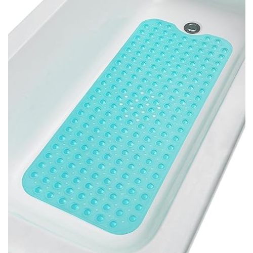 Extra-Long Non-Slip Bathtub & Shower Mat 39”x16” (Smooth/Non-Textured Tubs Only) Safe, Clean, Machine-Washable, Superior Grip&Drainage, Vinyl, Transparent Turquoise (Green-Blue)