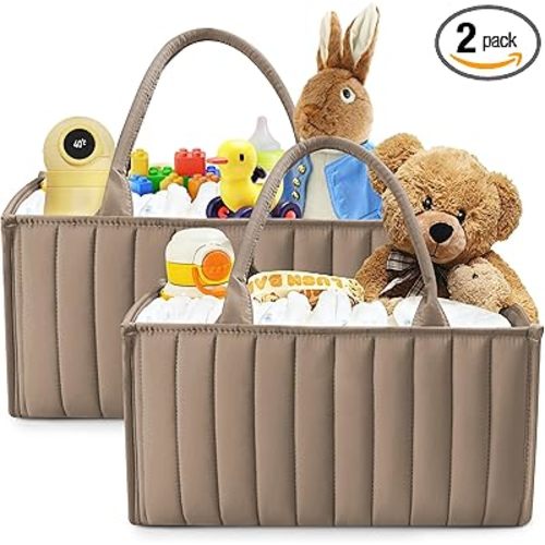 SWEET DOLPHIN 2-Pack Quilted Diaper Caddy Organizer – Premium Puffer Style Nursery Storage Bins – Water-Resistant & Wipeable Changing Table Organizer – Trendy Tote for Home & Car Travel - Mocha Brown