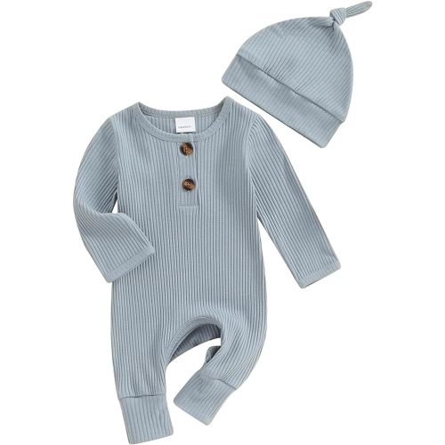 Infant Boys Girls Clothes Set Newborn Baby Romper Hat Ribbed Knit Long Sleeve Button Solid Bodysuit Jumpsuit