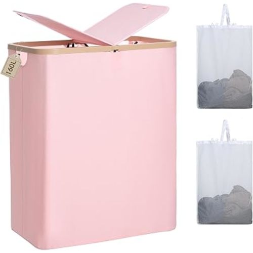 DOKEHOM 160L Extra Large Laundry Hamper with Lid, 2-Section Double Laundry Basket with Removable Mesh Liner Bags, Collapsible Clothes Sorter for Family, Bedroom, Laundry Room, Pink