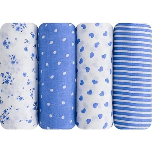 Viviland Muslin Swaddle Blanket, Baby Swaddle Blanket for Boys & Girls, Nursery Receiving Blanket for Newborn, Baby Swaddle Wrap Soft Silky & Breathable, 4 Packs, 47 X 47In, Blue Floral