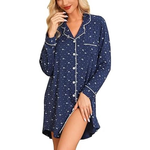 Anjue Pajama Nightgowns for Women Button Down Pajamas Tops Short/Long Sleeve Sleepwear Sleep Shirts Nightdress S-XXL