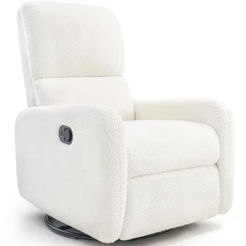 Jocisland Swivel Glider Rocking Recliner Chair for Adults, Nursery Rocker Reclining, Comfy Upholstered Single Sofa Armchair for Living Room Bedroom Nursing, Teddy White (No Side Pockets)