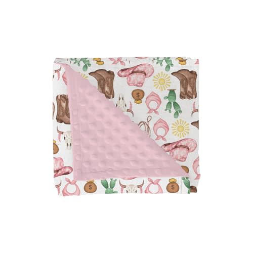 Pink Western Cowgirl Baby Blankets for Girl Cowgirls Boots Hat Horse Cactus Sun Cow Skulls Soft Mink Dotted Backing Double Layer Swaddle Receiving Blanket Wild West Bed Throw for Newborn Toddler 30x40