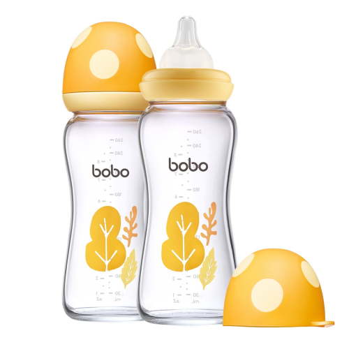 YOHKOH Glass Baby Bottle,Natural Response Nipple, 8.8oz/2Pk,Mushroom Yellow,Bottles Gift Set