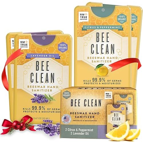 Organic Beeswax Hand Sanitizer Spray - 4-Pack (2 Lavender + 2 Citrus Peppermint), Travel Size Mist Spray with Organic Ethyl Alcohol, Moisturizing with Essential Oils, Non-Toxic, Made in USA