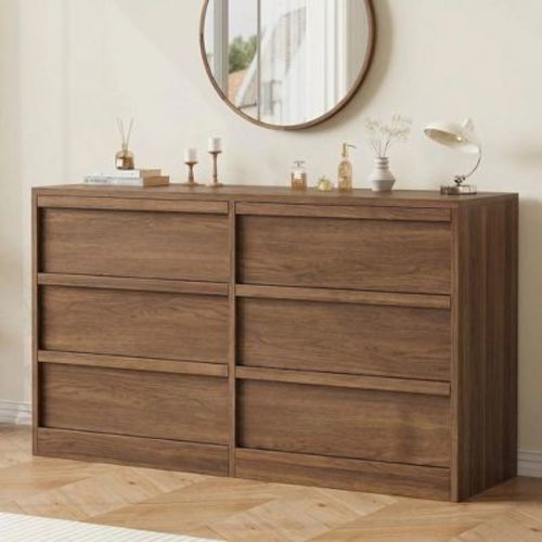 GustoWave 6-Drawer Storage Dresser With Waterproof Top, Natural Oak Finish, For Bedroom Or Entryway -Walnut