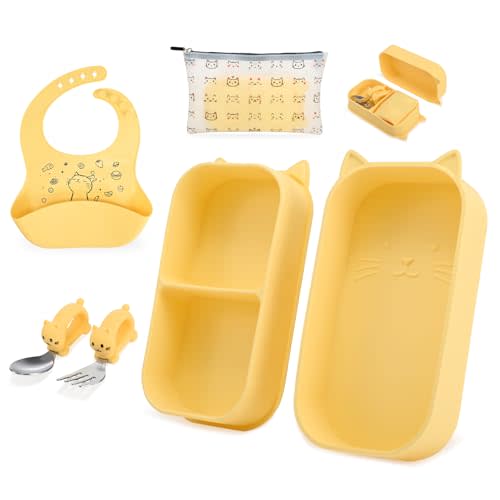 Mossora Portable Baby Plates with Suction, 6Pcs Travel Silicone Feeding Set for Toddlers, Foldable, Non-Slip Dishwasher Safe Plates & Utensils, BPA Free, Cat Design Gift Ready(Pale Yellow)