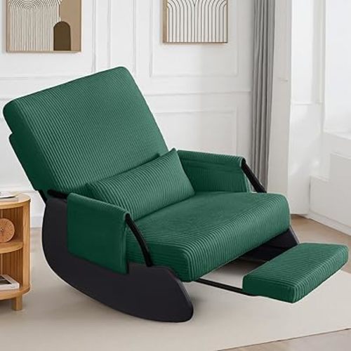 FelixKing Rocking Chair Nursery, Low-Seat Glider Chair, Upholstered Rocking Chair with Side Pocket and Foot Rest, Comfortable Modern Accent Armchair Recliner for Mom Nursery Living Room Bedroom Green