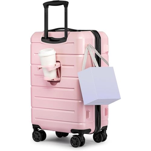 KYME Carry On Luggage 22x14x9 Airline Approved Hardshell Carry On Suitcases with Wheels Travel Rolling 20 Inch Luggage with Cup Holder for Women,Carry-on Pink