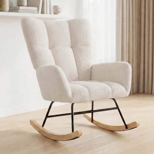 EDX Teddy Upholstered Rocking Accent Chair with Winged Back, Cozy Indoor Glider Seat for Reading, Bedroom, Living Room or Office, Beige