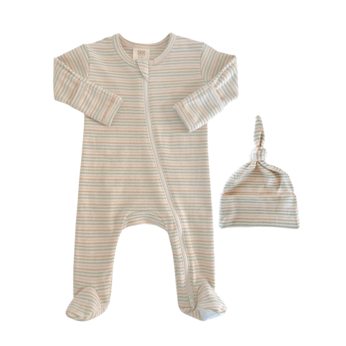 Multi Stripe / Organic 2-Way Zip Footie & Beanie Set