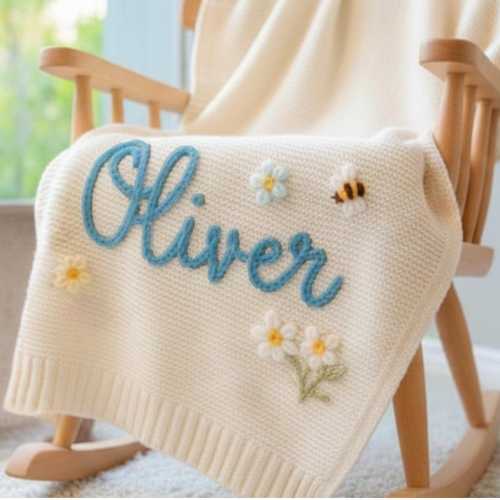 Personalized Hand-Embroidered Baby Name Blanket, Custom Cotton Baby Blanket, Newborn Name Blanket, Nursery Keepsake, Baby Shower Gift