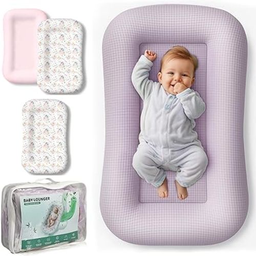 Baby Lounger Nest Bundle with 3 Lounger Covers, Breathable Waffle Lounger & Silky Soft Bamboo Viscose Covers, Portable Newborn Essentials, Pink