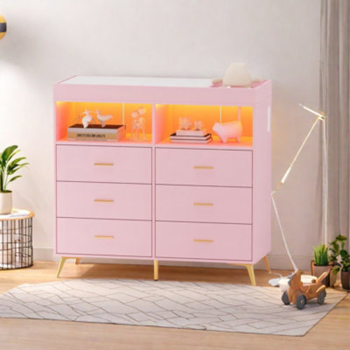 Mercer41 Dresser For Bedroom With Led Lights And Power Outlet, Baby Changing Table Dresser With 6 Drawers | Wayfair