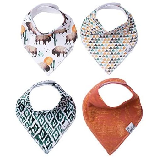 Baby Bandana Drool Bibs for Drooling and Teething 4 Pack Gift Set “Bison” by Copper Pearl, Soft Set of Cloth Bandana Bibs for Any Baby Girl or Boy, Cute Registry Ideas for Baby Shower Gifts